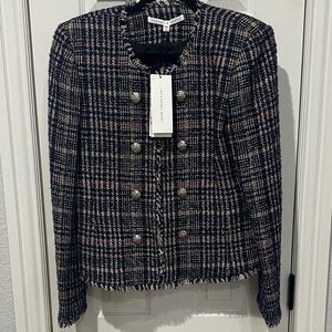 Veronica Beard Navy and Cream Tweed Blazer with metallic buttons